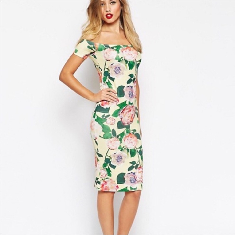 Asos Bardot Midi Floral Bodycon Dress